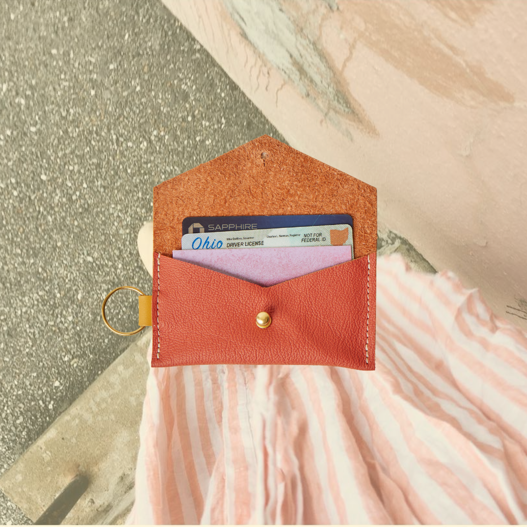 a caro cardholder on top of a coffee table