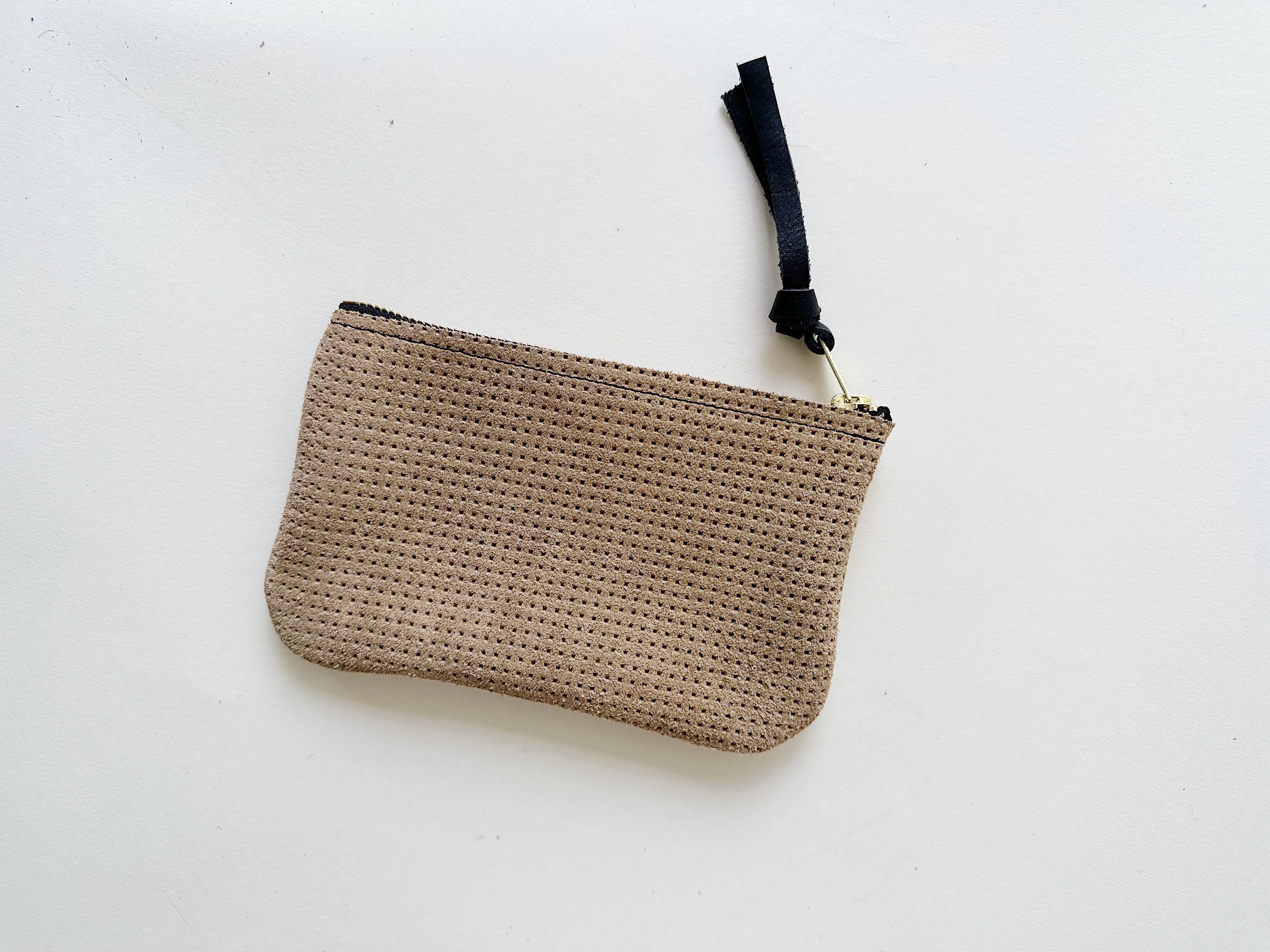 Perforated Taupe Suede Essential Pouch- Black