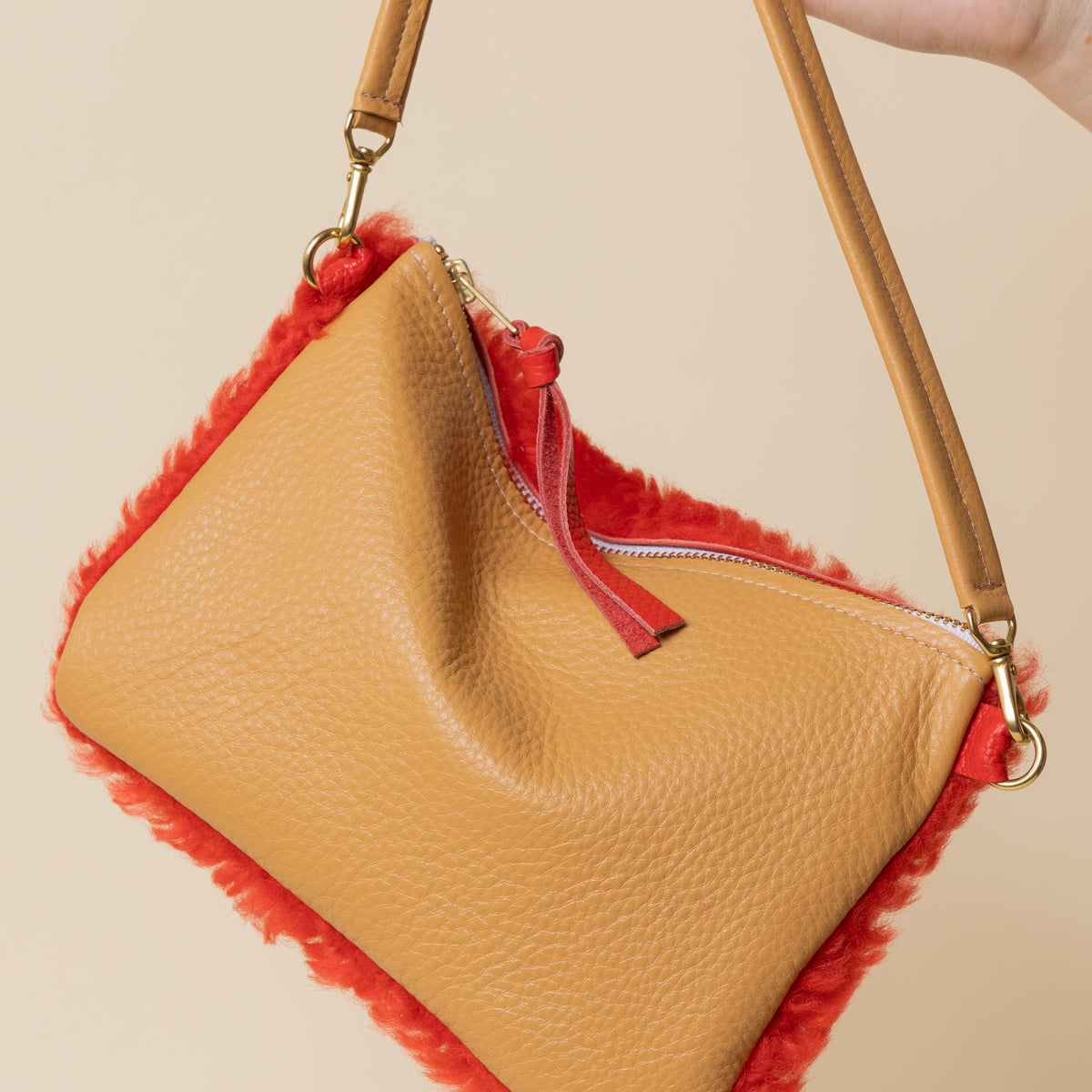 Upcycled Light Camel/Rorange Lambswool Crossbody