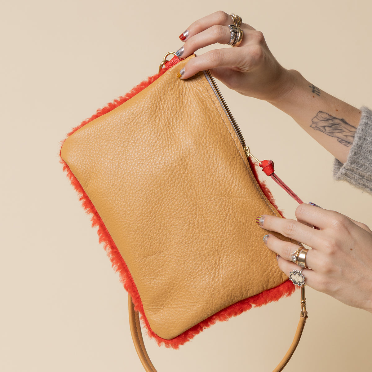 Upcycled Light Camel/Rorange Lambswool Crossbody
