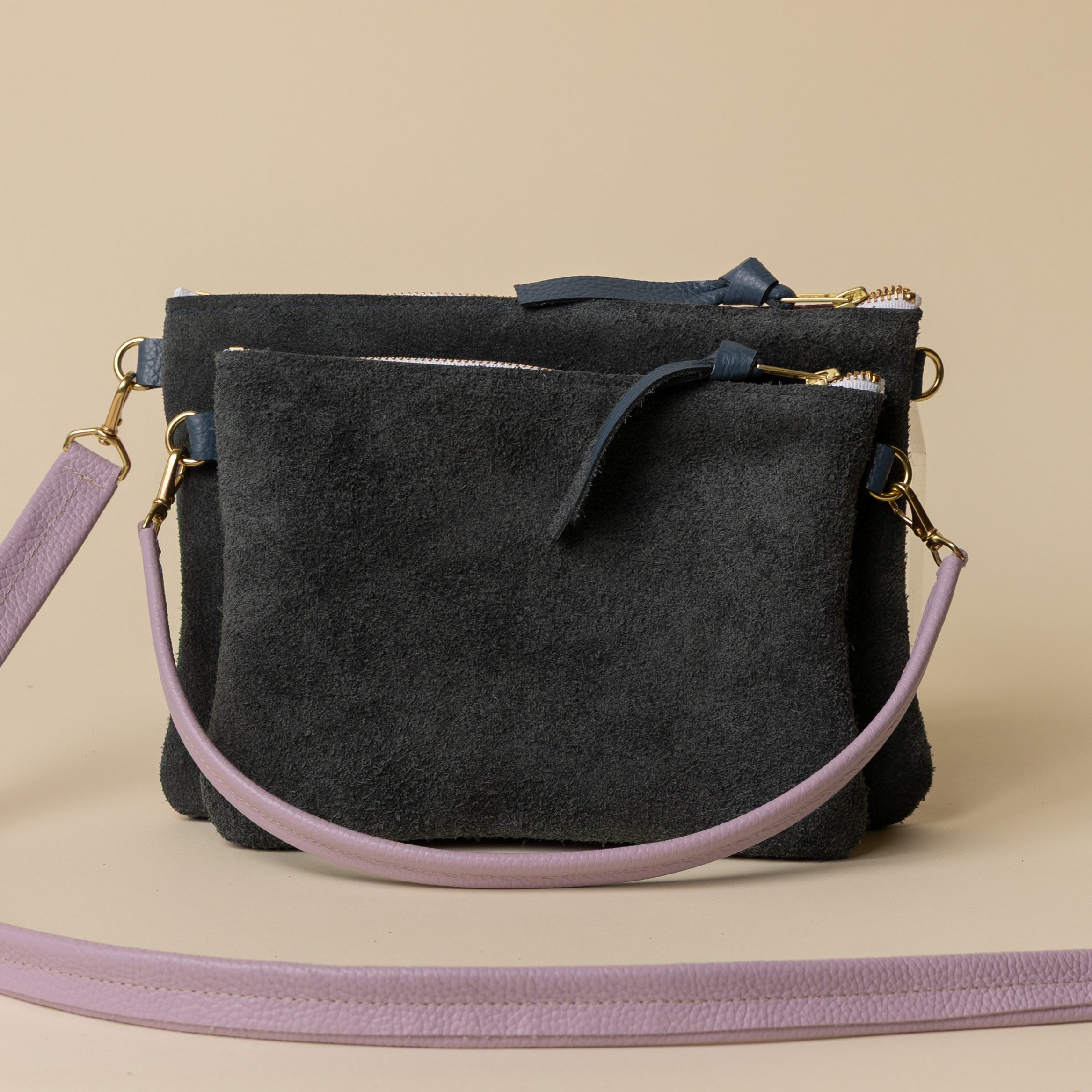 Magenta/Upcycled Dusty Blue Suede Crossbody