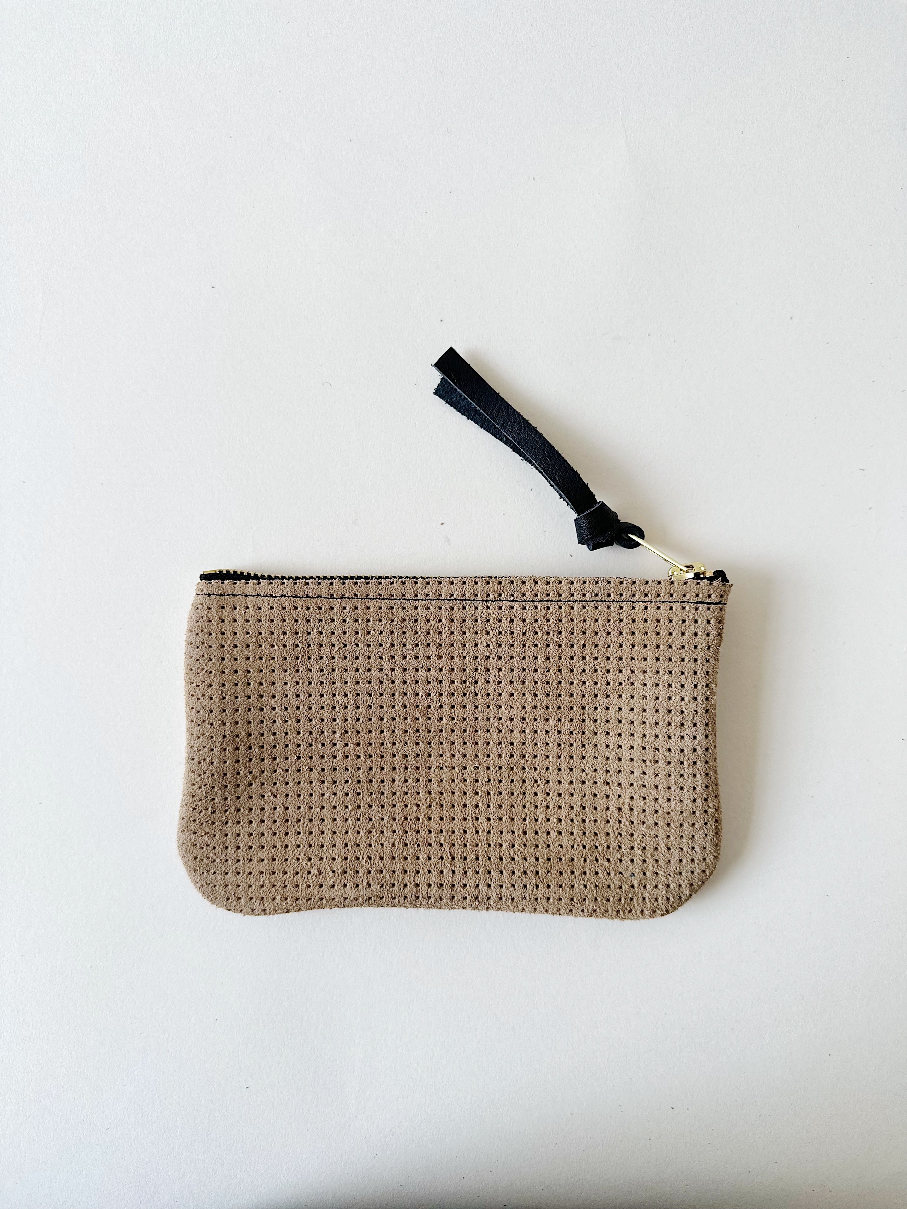Perforated Taupe Suede Essential Pouch- Black